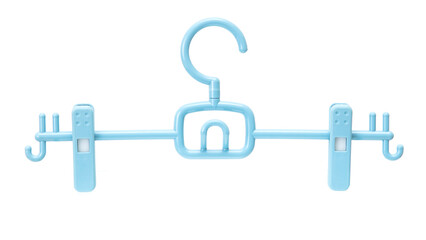Blue plastic clothes hanger with clips and hooks isolated on white background, suitable for...