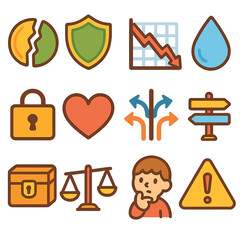 Behavioral Economics Icons. Flat vector mini-illustrations loss aversion situations in colors children's illustrations: broken