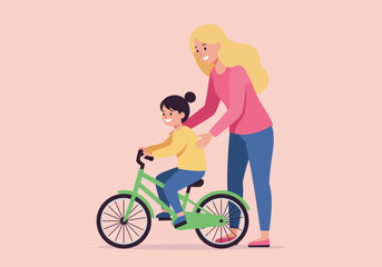 Cartoon girl learning to ride a green bicycle with training wheels