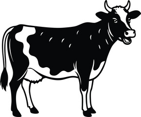 Fototapeta premium A bold black silhouette of a cow with its mouth open suggesting it is mooing presented in a clean vector design