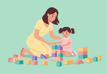 Mother and Daughter Building Colorful Blocks Together, Smiling and Playing