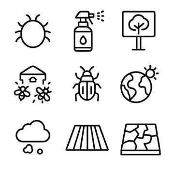Bee Threats Icons. Outline icon set of Bee threats and challenges: varroa mite, pesticide spray bottle, habitat loss sign, hive