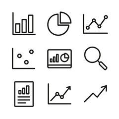 Data Analysis Icons. Outline icon set of data analysis: bar chart, pie chart, line graph, scatter plot, dashboard, magnifying