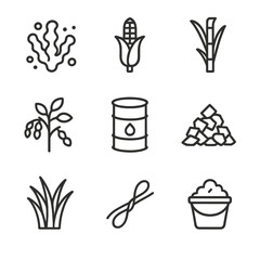 Biofuel Feedstock Icons. Outline icon set of biofuel feedstocks: algae bloom, corn stalk, sugarcane cane, soybean plant, waste oil