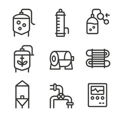 Biofuel Process Icons. Outline icon set of biofuel production processes: fermentation tank, distillation column, enzymatic reactor