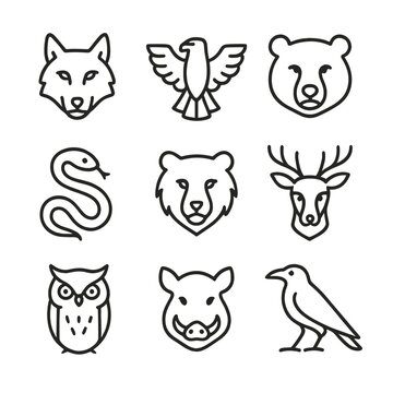 Clan Animal Icons. Outline icon set of clan animals and totems: wolf, eagle, bear, serpent, lion, stag, owl, boar, raven. Line