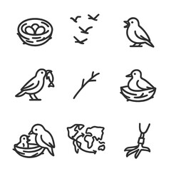 Naklejka premium Bird Icons Collection. Outline icon set of migratory and nesting scenes: bird nest with eggs, flying V formation, juvenile bird