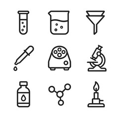 Chemical Purification Icons. Outline icon set of chemical purification: test tube, beaker, filter paper, pipette, centrifuge,