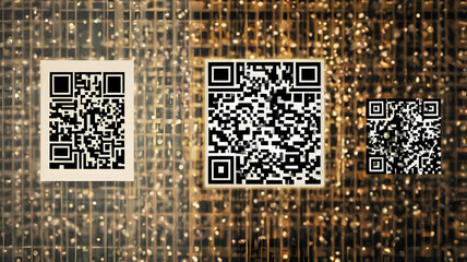 Digital transformation and information access concept shown with three QR codes on a futuristic golden matrix background.