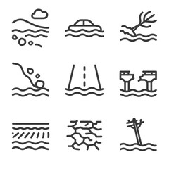 Fototapeta premium Deluge Icon Set. Outline icon set of deluge natural effects: swollen river, submerged car, uprooted tree, mudslide, wet road,