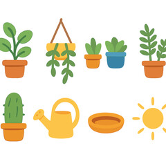 Botanical Desk Icons. Flat vector mini-illustrations greenery around standing desks in colors children's illustrations: potted