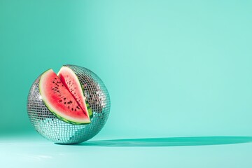 Watermelon on disco ball against turquoise background