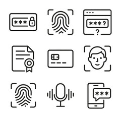 Digital Authentication Icons. Outline icon set of digital authentication methods: OTP (one-time password), biometric scan,