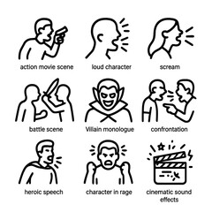 Cinema Shout Icons. Outline icon set of shout in cinema: action movie scene, loud character, scream, battle scene, villain