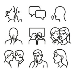 Cinema Whisper Icons. Outline icon set of whisper in cinema: close-up shot, dialogue, soft voice, silent scene, intimate moment,