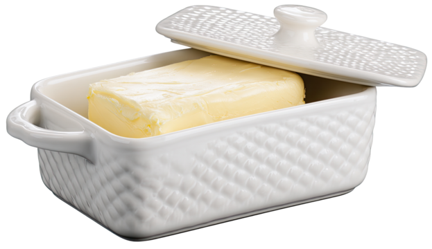White ceramic butter dish with lid, holding a pat of butter