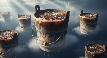 Iced coffee bucket drink trend, refreshing shareable beverage for social media. Summer coffee trend features oversized drink presented in quirky style with foam and toppings. Enjoy iced coffee bucket,