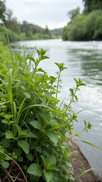 Close up shot of a rogoz plant thriving by the river with copy space image