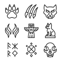 Beast Lore Icons. Outline icon set of beast lore and symbols: paw emblem, claw insignia, beast mask, tribal tattoo, totem, beast