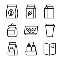 Cafe Supplies Icons. Outline icon set of menu and supplies checklist: coffee beans bag, tea box, milk carton, sugar jar, pastry