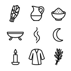 Cleansing Ritual Icons. Outline icon set of cleansing rituals: sage bundle, water jug, salt bowl, ritual wash basin, smoke plume,