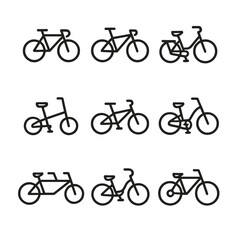 Bike Icons Grid. Outline icon set of bike types: road bike, mountain bike, city bike, folding bike, BMX, electric bike, tandem