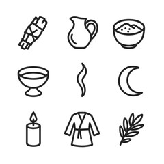 Cleansing Ritual Icons. Outline icon set of cleansing rituals: sage bundle, water jug, salt bowl, ritual wash basin, smoke plume,