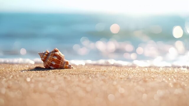 A closeup shot of a seashell on a sandy beach, with the ocean in the background. The seashell is the main subject.