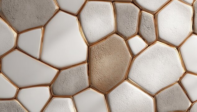 Abstract geometric pattern of interlocking, irregular shapes in light beige, off-white, and gold