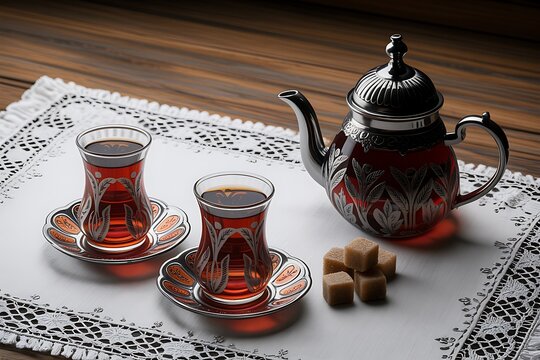 A traditional turkish tea set with two ornate glasses filled with hot black tea, a decorative teapot, and sugar cubes, arranged on a white lace cloth on a wooden table - Powered by Adobe