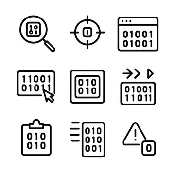 Bit-Level Debugging Icons. Outline icon set of bit-level debugging and analysis: bit inspector magnifier, breakpoint at bit,