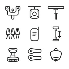 Ceiling Fan Icons. Outline icon set of ceiling fan installation steps: mounting bracket, electrical box, ceiling support beam,