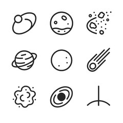 Celestial Icons Grid. Outline icon set of celestial destinations and phenomena: Mars orbit, lunar surface, asteroid belt, dwarf