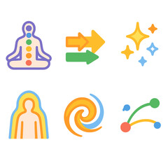 Fototapeta premium Chakra Energy Flow. Flat vector mini-illustrations of energy flow in colors children’s illustrations: chakra line up, arrows,