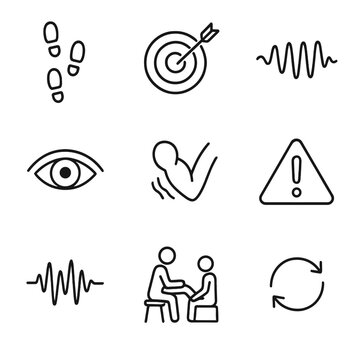 Cerebellar Signs Icons. Outline icon set of cerebellar clinical signs: ataxic gait footprint, dysmetria target and arrow,
