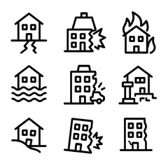 Collapse Causes Icons. Outline icon set of collapse causes: earthquake, explosion, fire, flood, heavy load, poor construction,