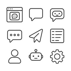 Chatbot Icon Set. Outline icon set of AI chatbot interactions: chatbot window, user message bubble, bot response bubble, typing