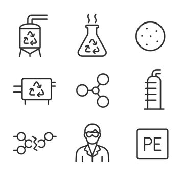 Chemical Recycling Icons. Outline icon set of chemical recycling processes: pyrolysis reactor, depolymerization flask, catalyst