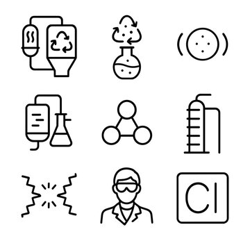 Chemical Recycling Icons. Outline icon set of chemical recycling processes: pyrolysis reactor, depolymerization flask, catalyst