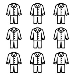 Colorful Pyjama Icons. Outline icon set of pyjama colors: white, black, pink, blue, red, green, purple, grey, yellow. Line icons