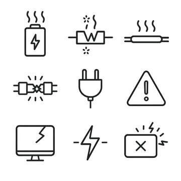 Electronic Malfunction Icons. Outline icon set of overload in electronics: battery overheating, circuit overload, wire overheating