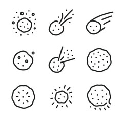 Comet Dust Icons. Outline icon set of dust in comets and asteroids: dusty coma, ejecta plume, dust tail, nucleus with specks,