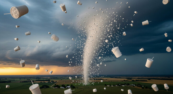 Iced coffee bucket tornado forming over farm field, showing summer coffee trend, cold brew, and social media drink phenomenon. This viral image showcases iced coffee bucket popularity,