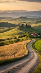 Naklejka premium Golden Hour Countryside Landscape with Winding Dirt Road and Summer Fields