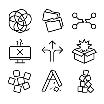 Entropy Icon Set. Outline icon set of entropy in systems: tangled wires, disorganized files, broken network, crashing computer,