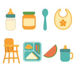 Children's Meal Icons. Flat vector mini-illustrations feeding and meal preparation in colors children's illustrations: baby bottle
