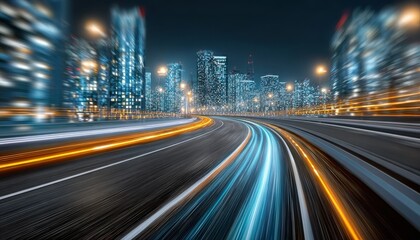 Obraz premium Lively Nighttime Cityscape with Blurring Lights and Dynamic Motion, Showcasing Urban Energy