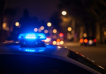 A police car's blue siren light flashing at night, symbolizing law enforcement and emergency services