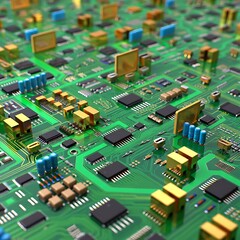 Detailed close-up view of a complex electronic circuit board with many components