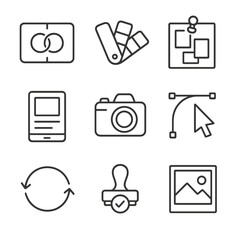 Co-Branding Icon Set. Outline icon set of creative co-branding visuals: dual logo frame, color palette swatches, mood board pin,